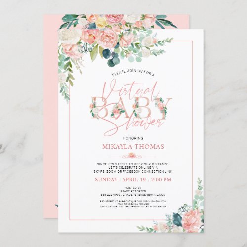 Virtual Online Baby Shower Rose Gold Pink Floral Invitation