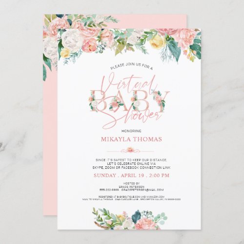 Virtual Online Baby Shower Rose Gold Pink Floral Invitation