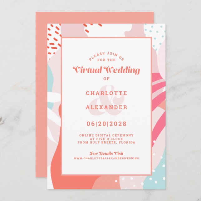 Virtual Online | Coral Modern Geometric Abstract Invitation (Front/Back)