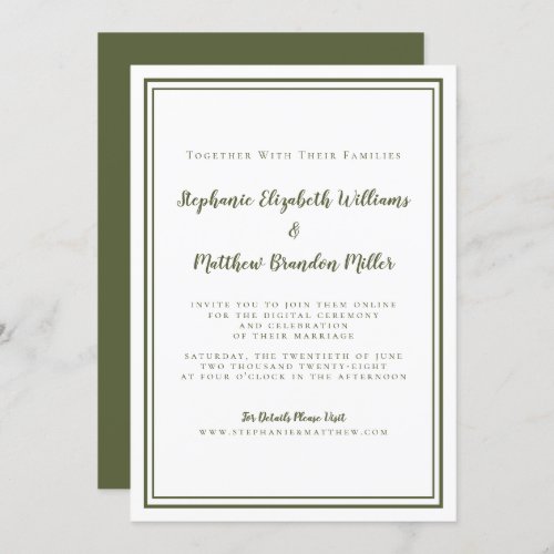 Virtual Online Cyber Wedding Olive Green Simple  Invitation