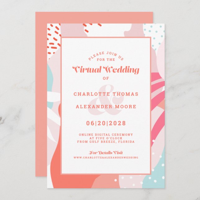 Virtual Online | Modern Coral Geometric Abstract Invitation (Front/Back)