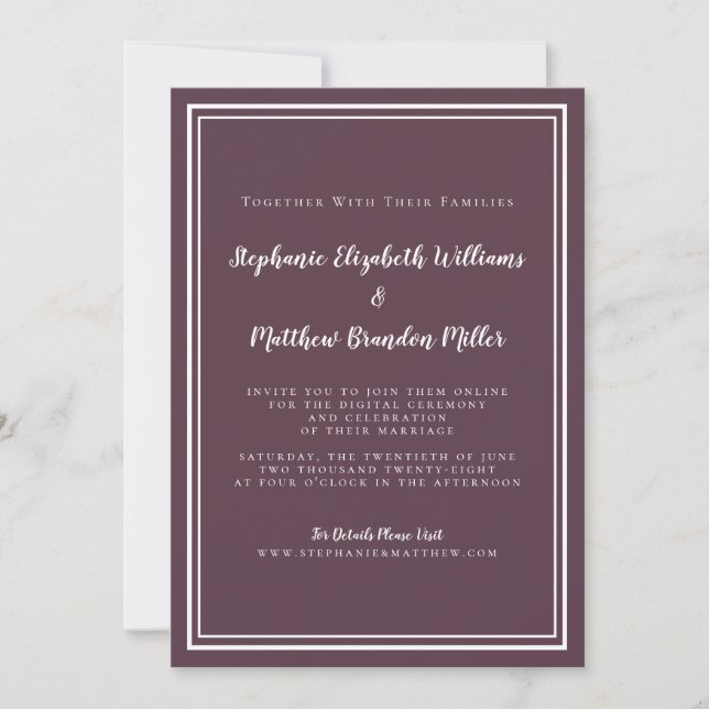 Virtual Online Wedding Purple Modern Minimalist Invitation (Front)