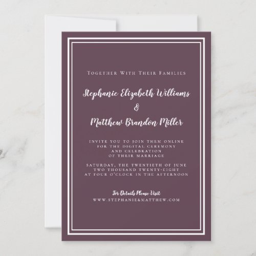 Virtual Online Wedding Purple Modern Minimalist Invitation