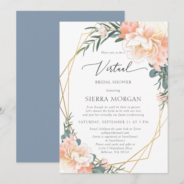 Virtual Peach Floral Gold Dusty Blue Bridal Shower Invitation (Front/Back)