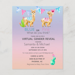 Virtual Pink Blue Llama Watercolor Gender Reveal I Flyer