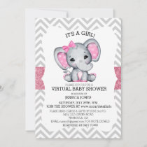 Virtual Pink Elephant Chevron Glitter Baby Shower Invitation