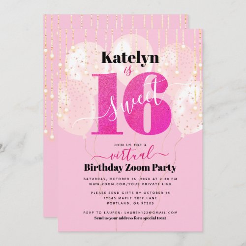 Virtual Pink Glitter Sweet 16 Birthday Balloons Invitation
