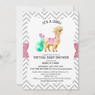 Virtual Pink Llama Chevron Glitter Baby Shower Invitation