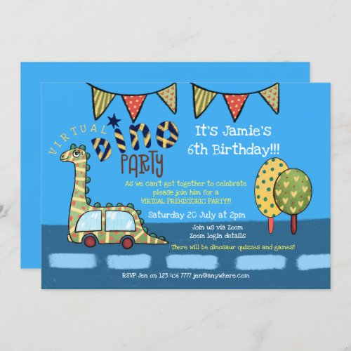 Virtual Prehistoric Dinosaur Boys Birthday Party Invitation