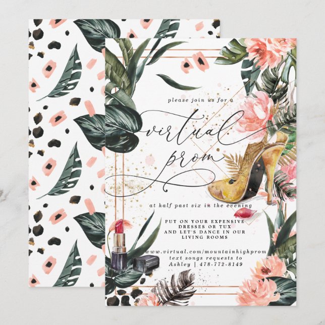 Virtual Prom Party | Pink Floral Tropical Greenery Invitation (Front/Back)