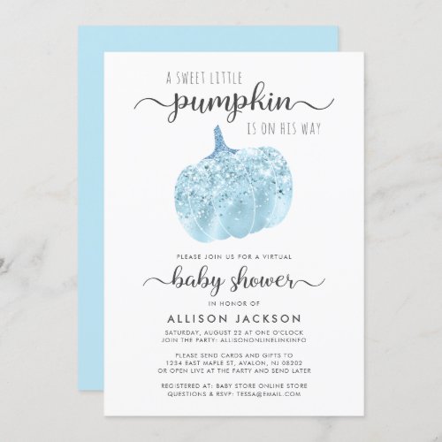 Virtual Pumpkin Blue Glitter Sparkle Baby Shower Invitation