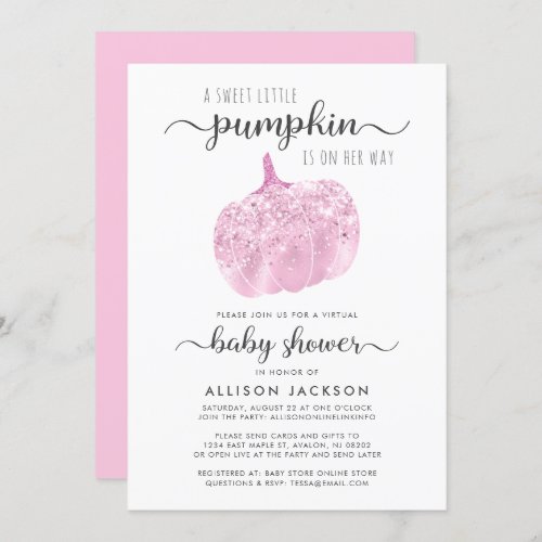 Virtual Pumpkin Pink Glitter Sparkle Baby Shower Invitation