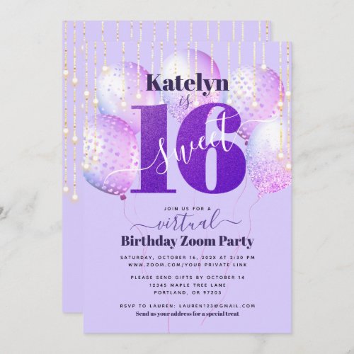 Virtual Purple Glitter Sweet 16 Birthday Balloons Invitation