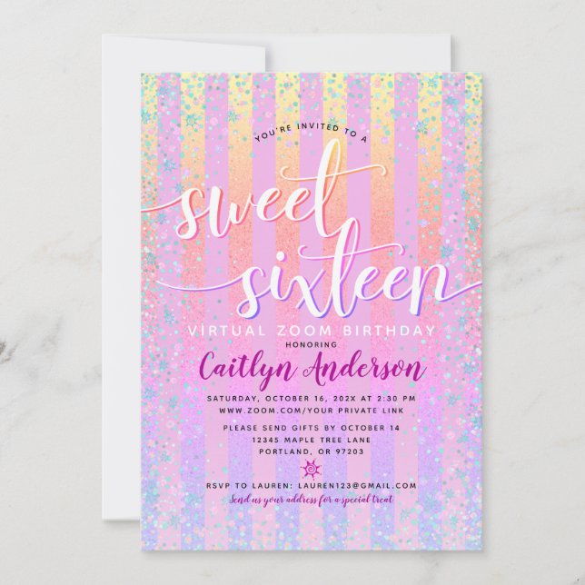 Virtual Rainbow Ombre Girly Sweet Sixteen Birthday Invitation (Front)