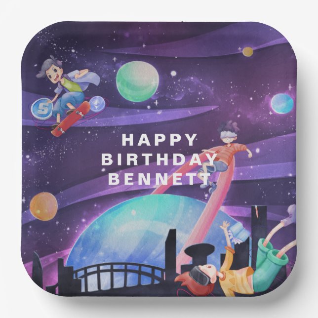 Virtual Reality | Gaming Birthday Paper Plates (Front)