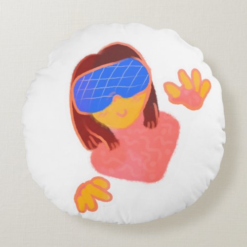 Virtual Reality Girl Round Pillow