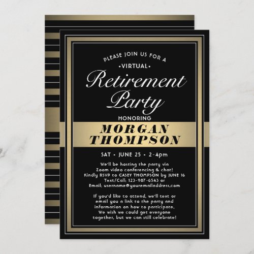 Virtual Retirement Party Black White and Gold Invitation
