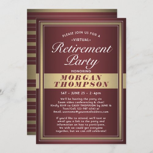 Virtual Retirement Party Burgundy White and Gold Invitation