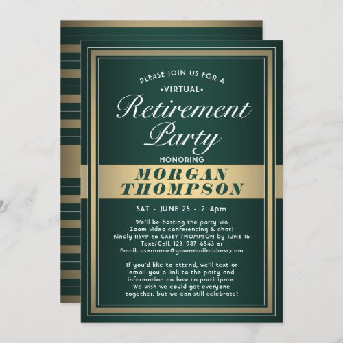 Virtual Retirement Party Green White and Gold Invitation