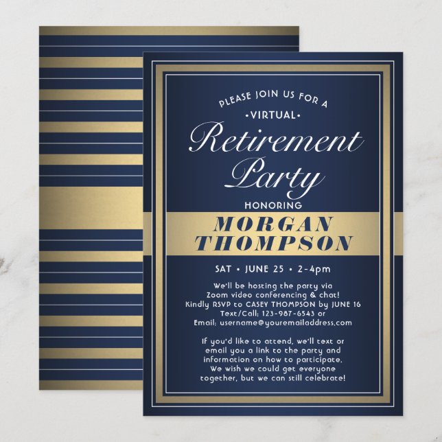 Virtual Retirement Party Navy Blue White and Gold Invitation (Front/Back)