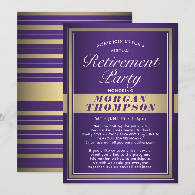 Virtual Retirement Party Purple White and Gold Invitation (Front/Back)