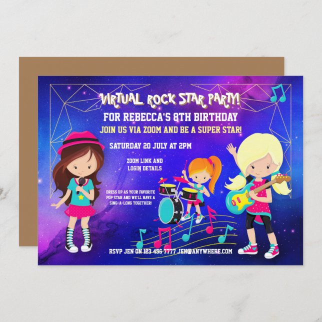 Virtual Rock Pop Star Birthday Party Invitation (Front/Back)