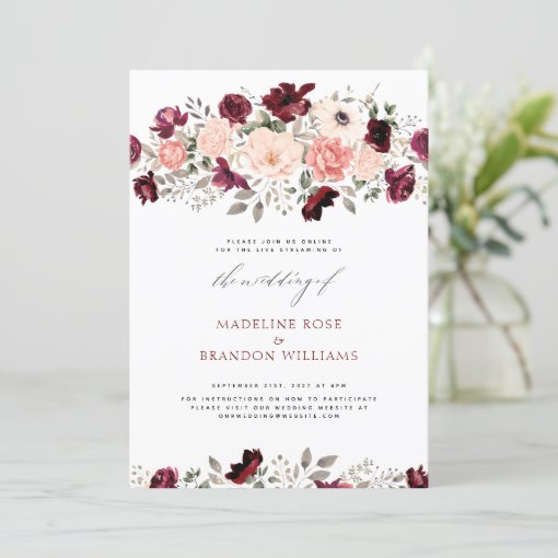 Virtual Rustic Burgundy Blush Floral Wedding Invitation | Zazzle