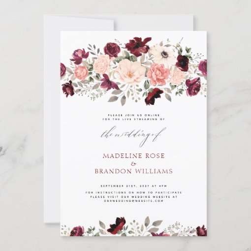 Virtual Rustic Burgundy Blush Floral Wedding Invitation | Zazzle