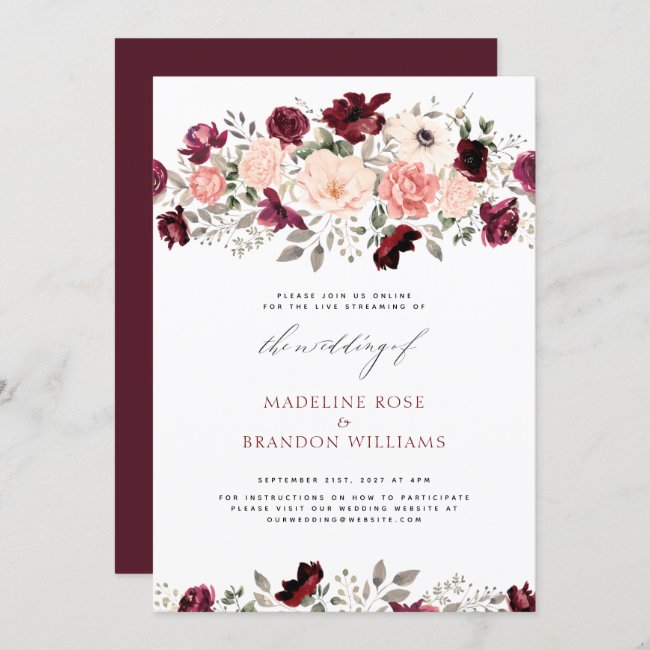 Virtual Rustic Burgundy Blush Floral Wedding Invitation