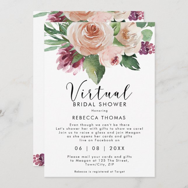 virtual shower by mail floral bridal shower invitation (Front/Back)