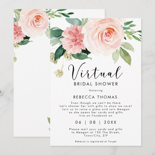 virtual shower by mail pink floral bridal shower invitation (Front/Back)