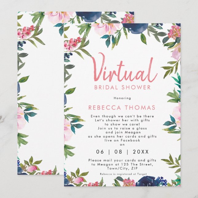 virtual shower by mail pink floral bridal shower invitation (Front/Back)