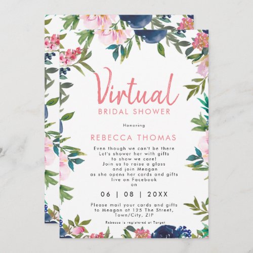 virtual shower by mail pink floral bridal shower invitation