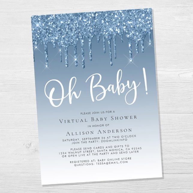 Virtual Shower Glitter Oh Baby Boy Blue Invitation (Creator Uploaded)