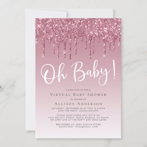 Virtual Shower Glitter Oh Baby Girl Pink Invitation
