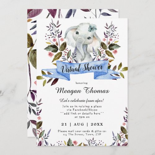 virtual shower new plans elephant blue baby shower invitation