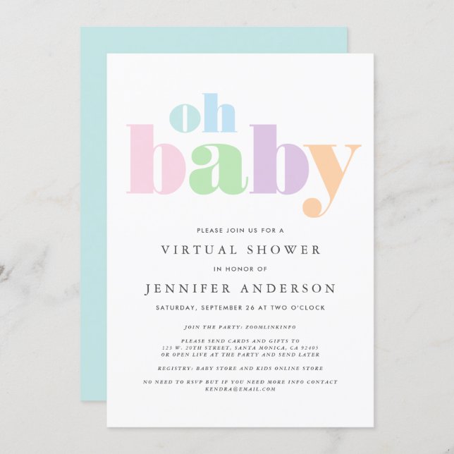 Virtual Shower | Oh Baby Pastel Minimal Modern Invitation (Front/Back)