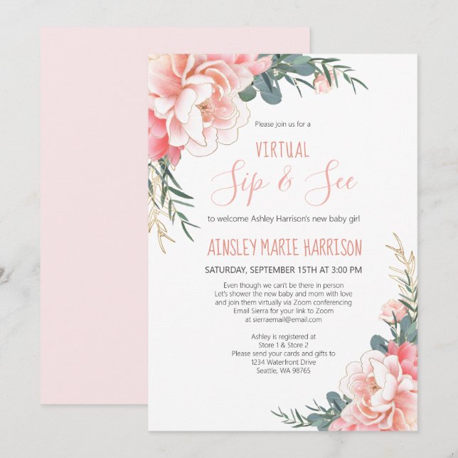 Virtual Sip & See Blush Pink Gold Baby Shower Invitation (Front/Back)