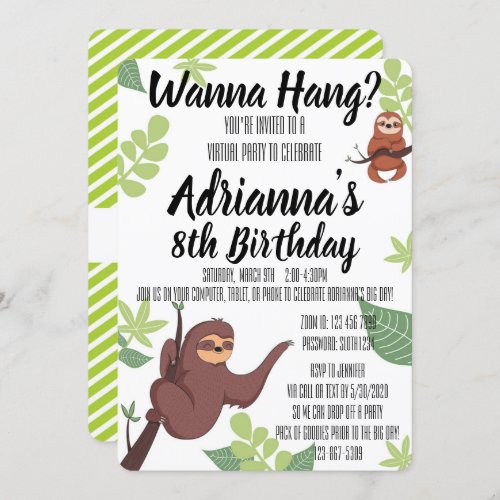Virtual Sloth _ Wanna Hang Theme Birthday Party Invitation