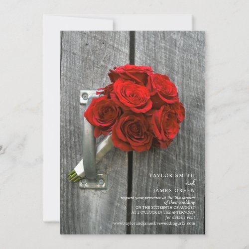 Virtual Streaming Wedding Rustic Red Rose Bouquet Invitation