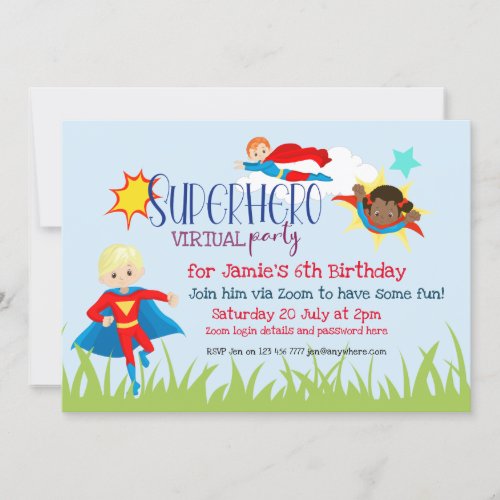 Virtual Superhero Kids Birthday Party Invitation
