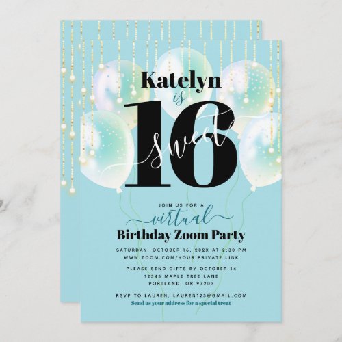 Virtual Sweet 16 Birthday Girly Glam Blue Balloons Invitation