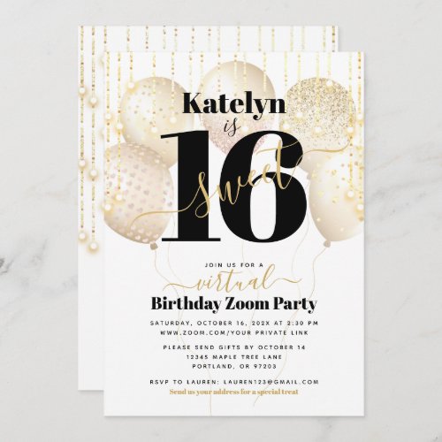 Virtual Sweet 16 Birthday Girly Glam Gold Balloons Invitation