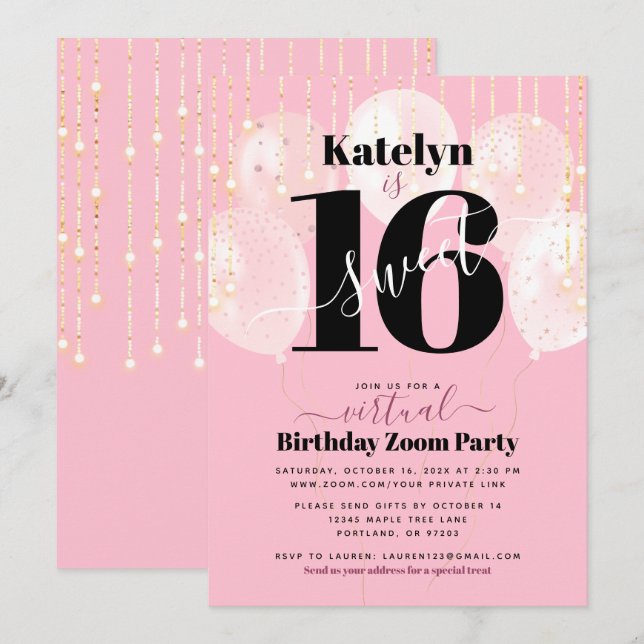 Virtual Sweet 16 Birthday Girly Glam Pink Balloons Invitation (Front/Back)