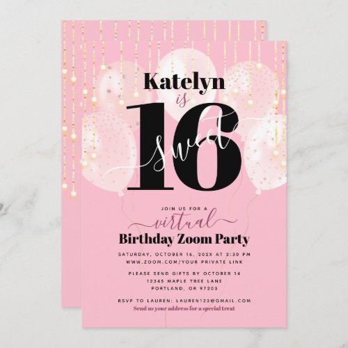 Virtual Sweet 16 Birthday Girly Glam Pink Balloons Invitation