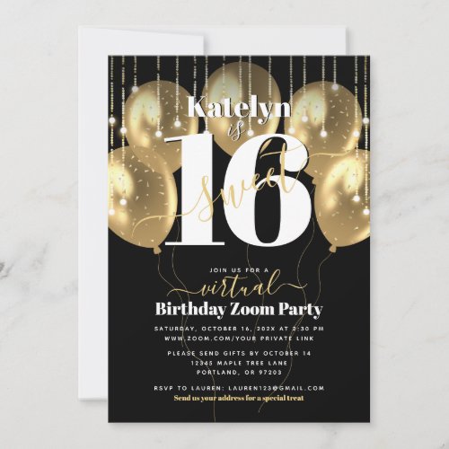 Virtual Sweet 16 Birthday Glam Girly Gold Balloons Invitation