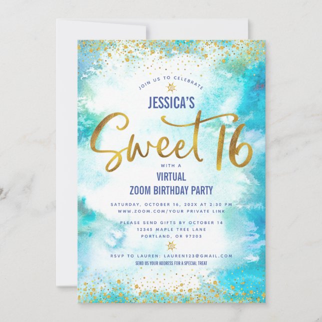 Virtual Sweet 16 Blue Watercolor Gold Birthday Invitation (Front)