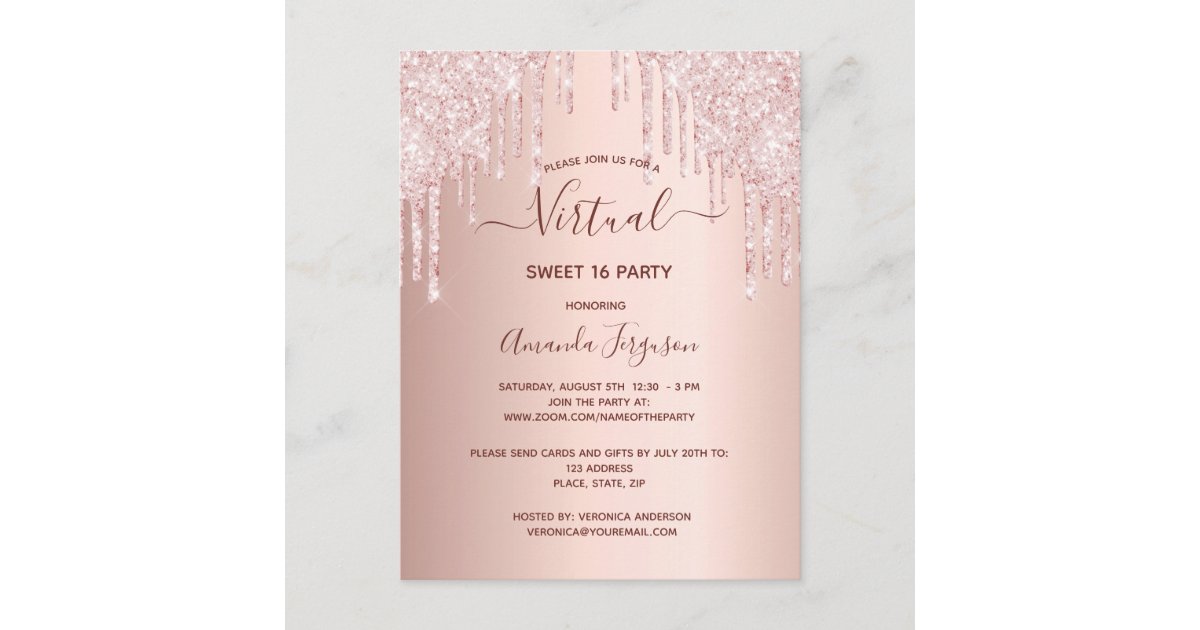 Virtual Sweet 16 pink glitter birthday invitation Postcard | Zazzle