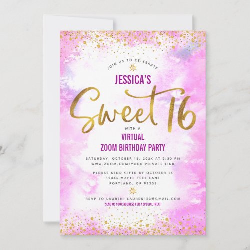 Virtual Sweet 16 Pink Watercolor Gold Birthday Invitation