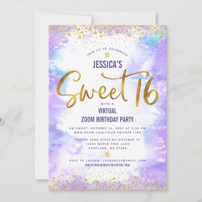 Virtual Sweet 16 Purple Watercolor Gold Birthday Invitation (Front)